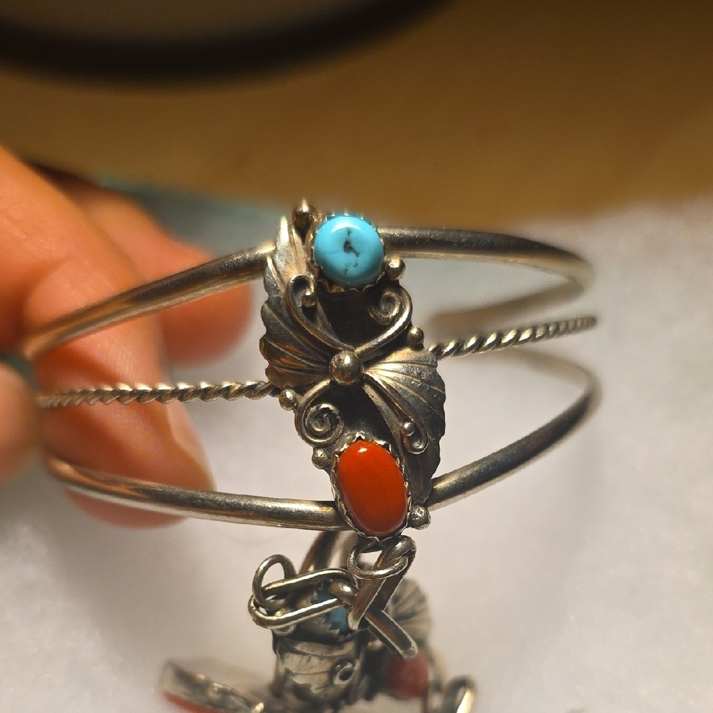 Sterling-Style Hand Chain Bracelet with Turquoise Blue and Coral Red Stones - Picture 5 of 9